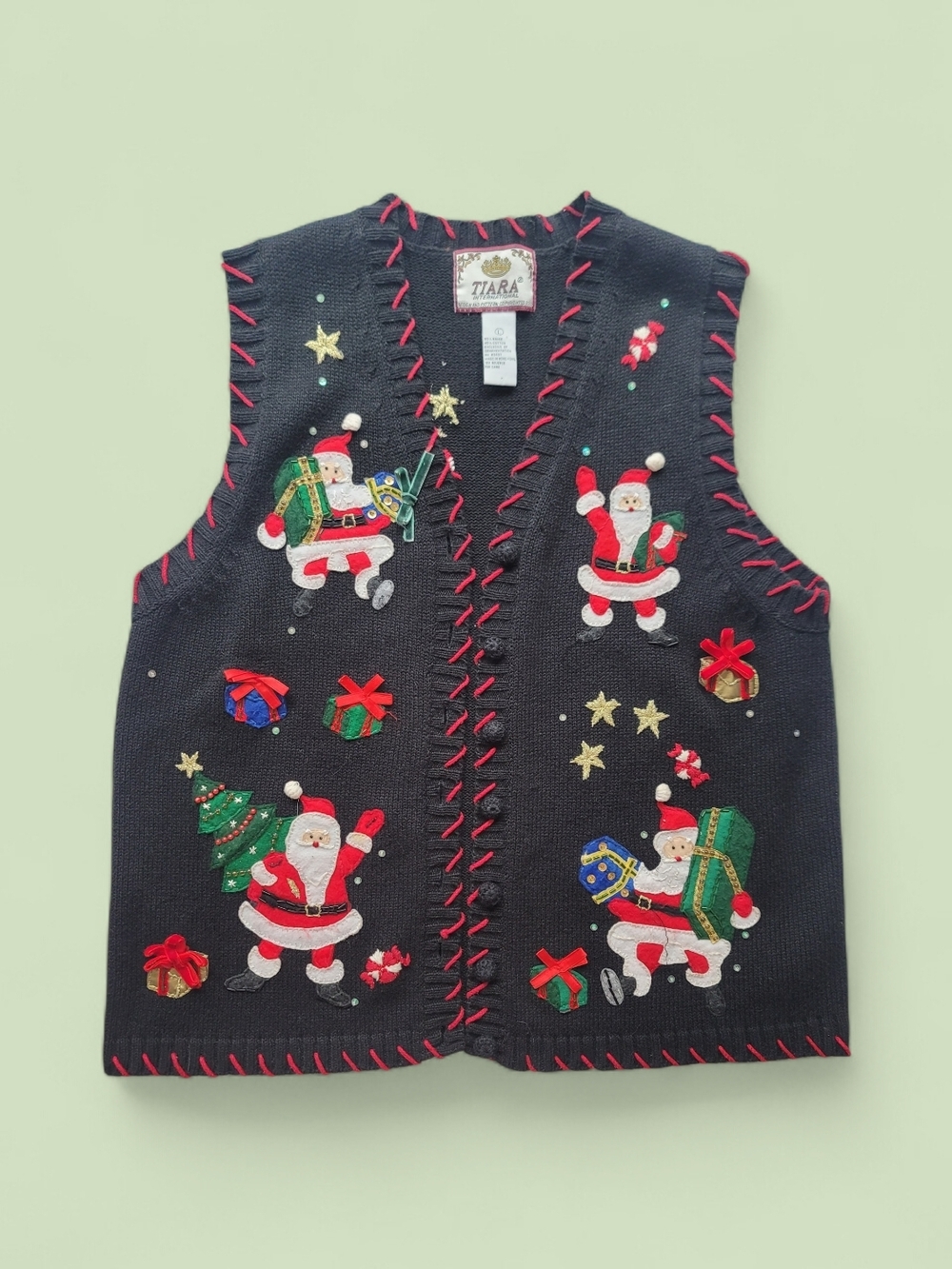 VTG Tiara International Black Santa Embroidered Holiday Knit Vest Size Large
